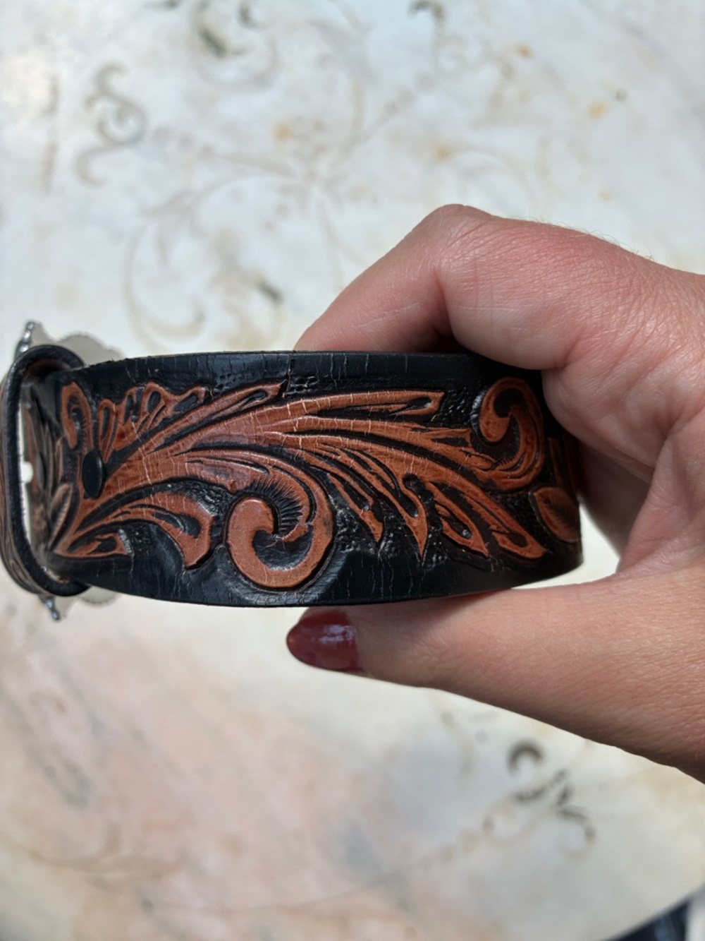 Tony Lama Brown Tooled Leather Western Belt with Decorative Buckle Sz S - Picture 8 of 12